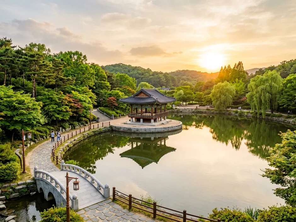 天安三叉路公園 - 湖と伝統庭園