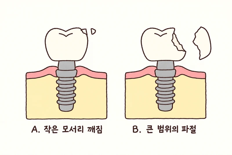 몸체와 지대주는 온전한 상태에서 작은 보철 모서리 깨짐 A와 큰 보철 파절 B를 비교한 그림